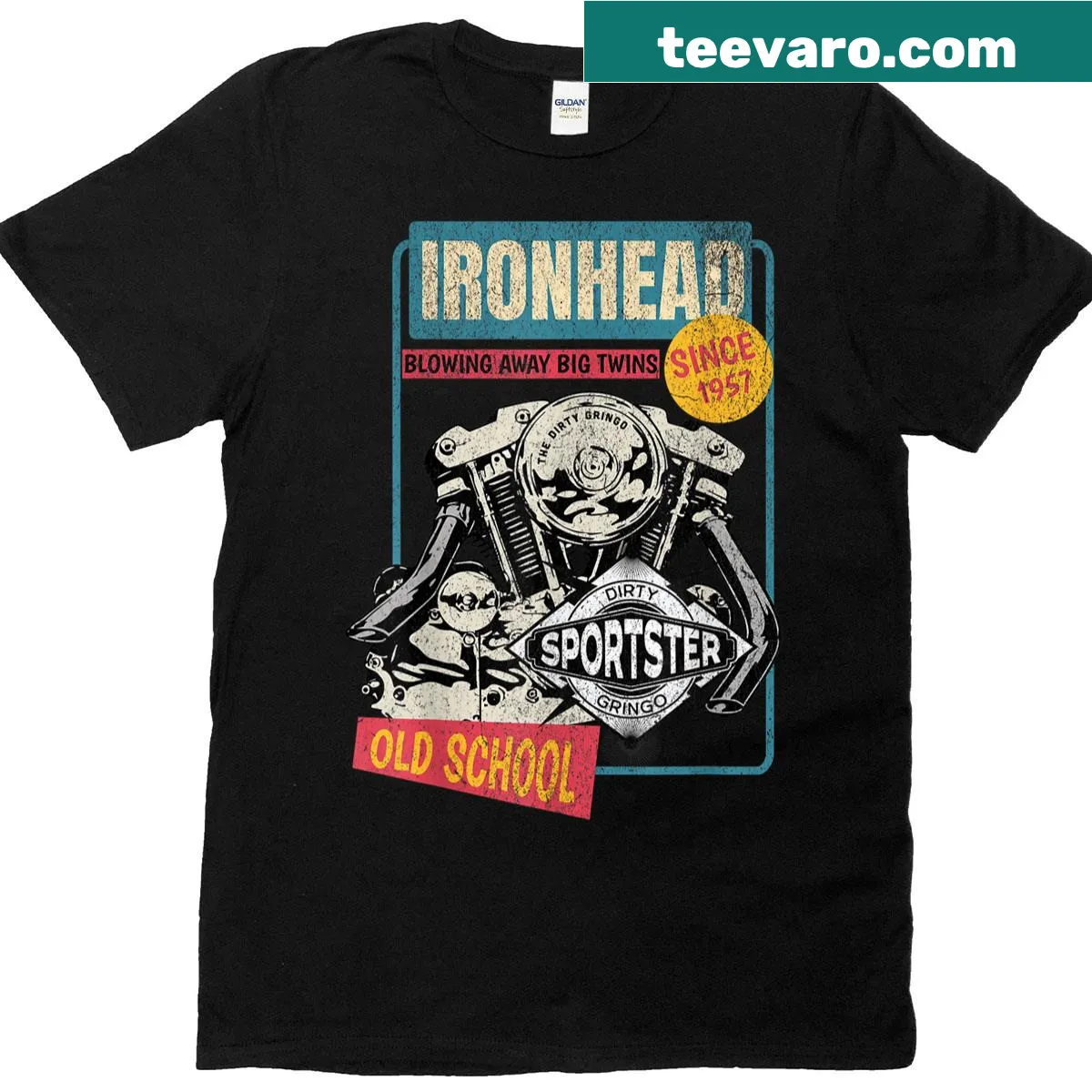 Retro T-shirt featuring a pin-up and Ironhead motorcycle graphic — on a men's t-shirt