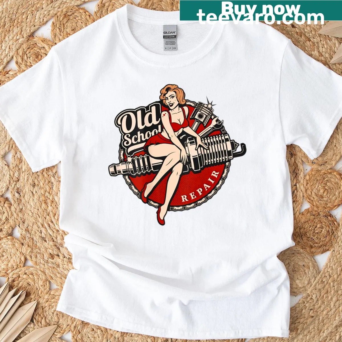 T-shirt with an old-school repair logo printed on the back — on a men's t-shirt