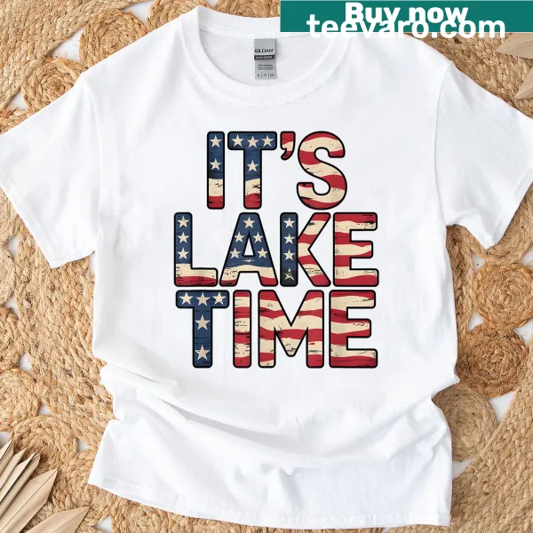 Patriotic T-shirt featuring American flag and lake theme
