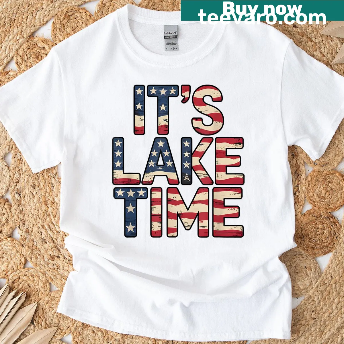 Patriotic T-shirt featuring American flag and lake theme — on a men's t-shirt