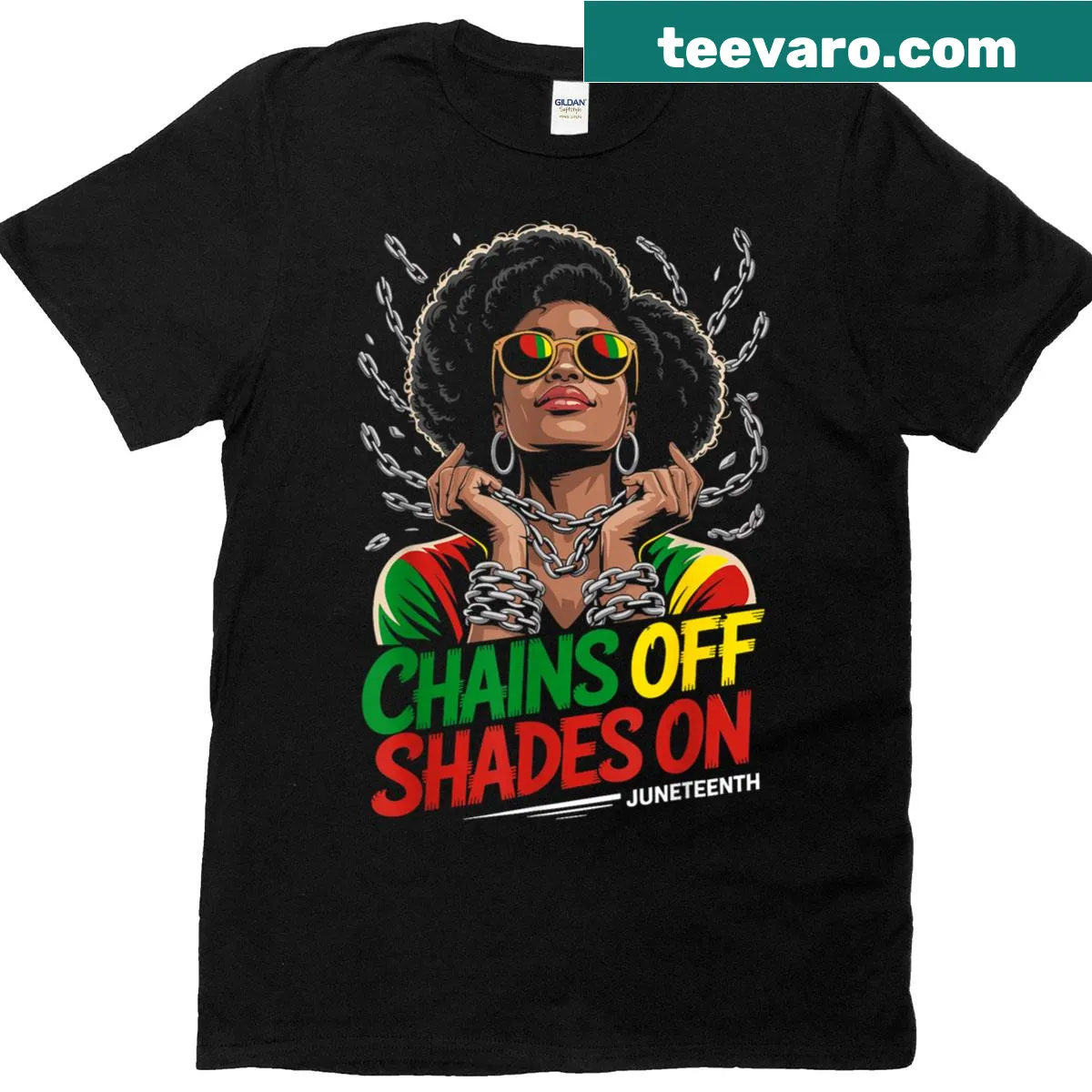 Empowering Juneteenth t-shirt featuring an Afro woman with shades — on a men's t-shirt