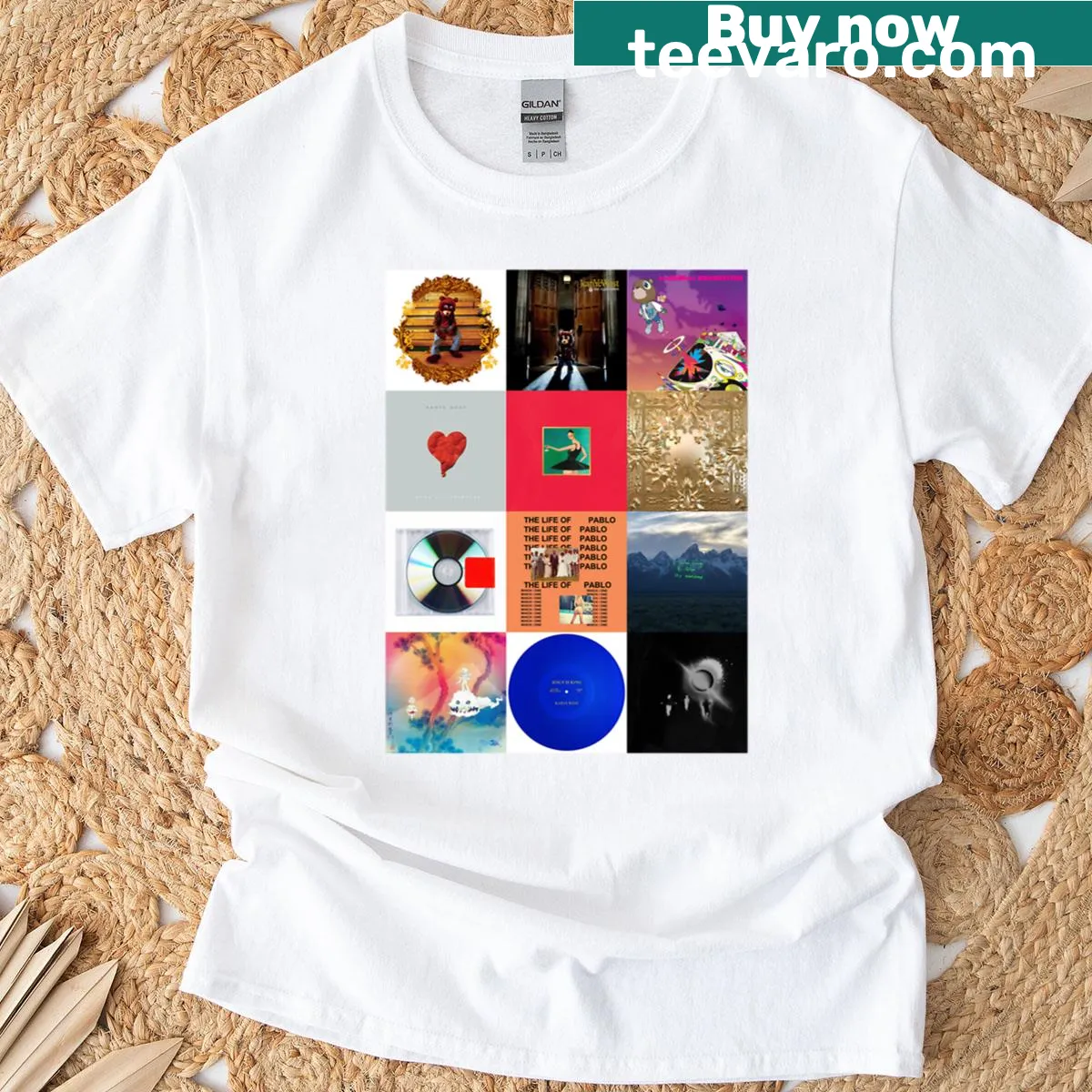 Oversized t-shirt with Kanye West album cover collage — on a men's t-shirt