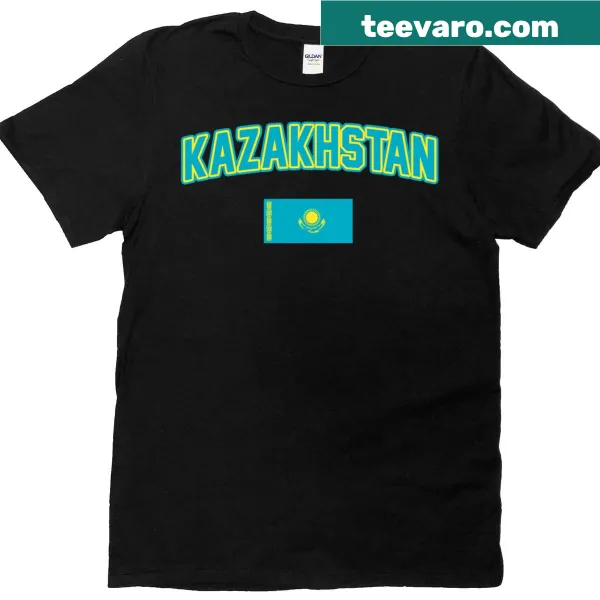 Kazakhstan flag t-shirt with Kazache Qazaqstan text