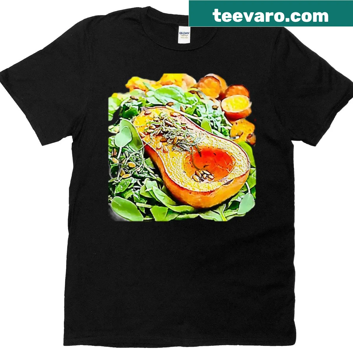 Watercolor design T-shirt featuring squash, spinach, and oranges — on a men's t-shirt