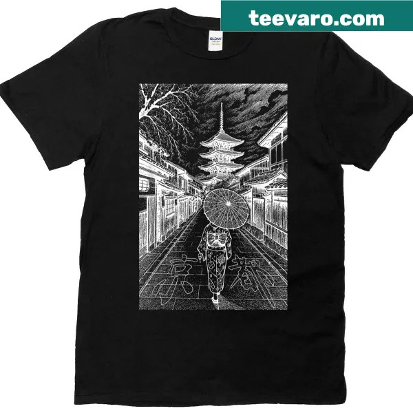 Vintage line-art T-shirt of a woman in a kimono