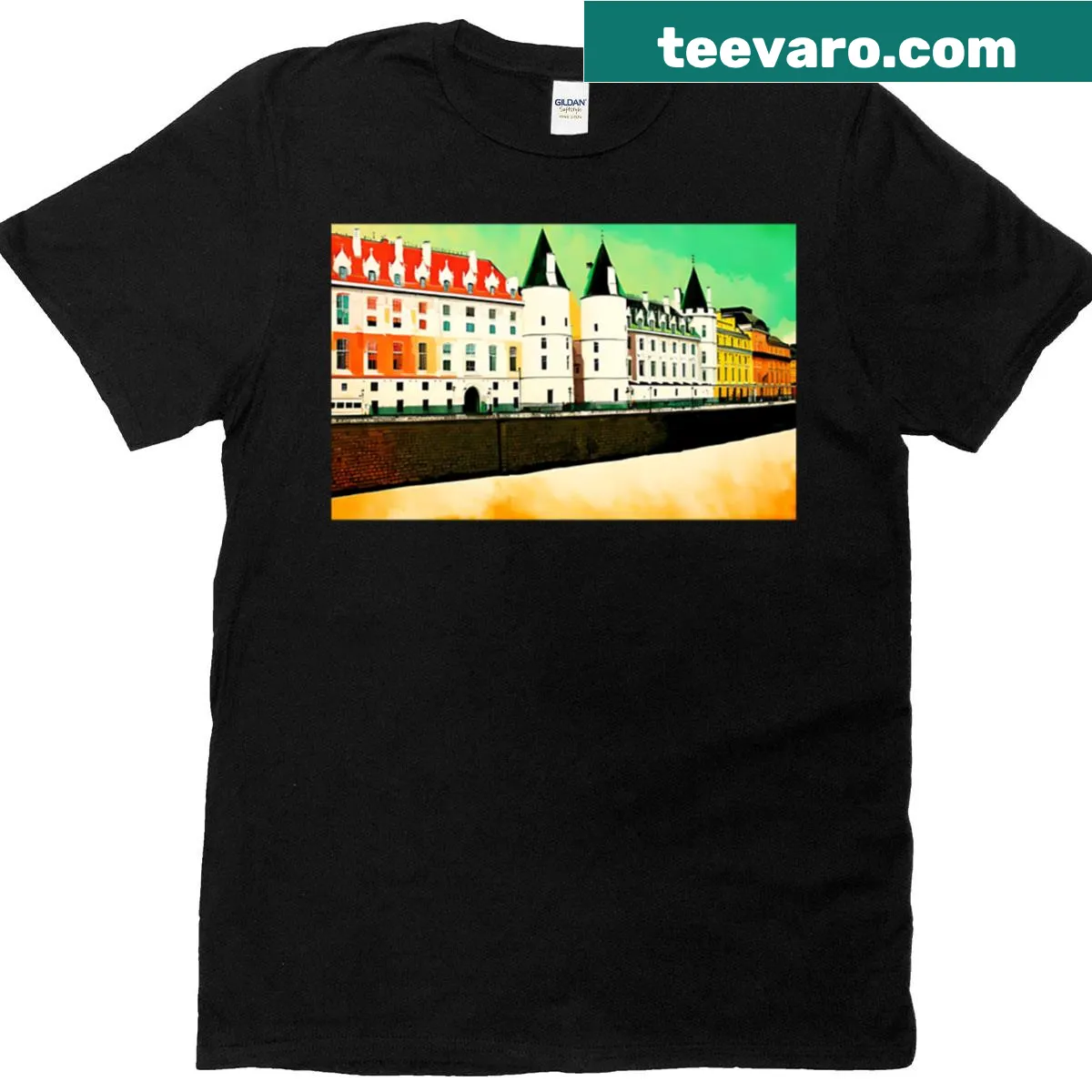 Playful pop art design featuring abstract typography inspired by La Seine — on a men's t-shirt