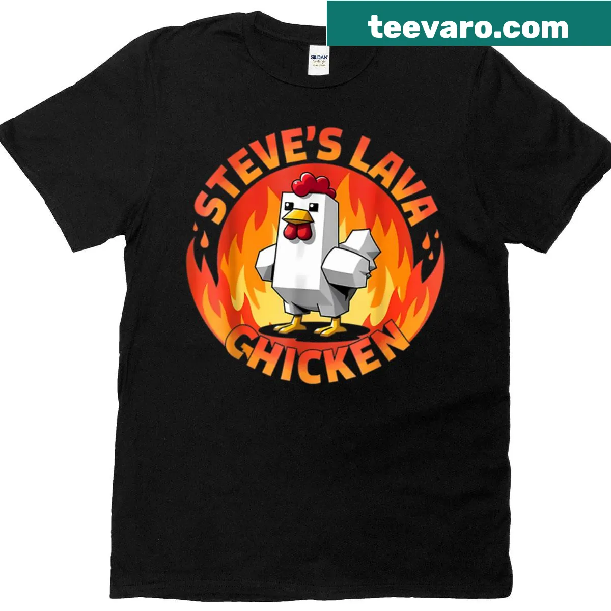 Lava Chicken Steve pixel gaming cartoon graphic T-shirt — on a men's t-shirt