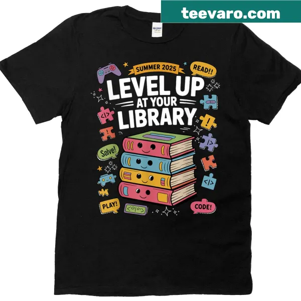 Motivational t-shirt with 'Level Up At Your Library' promoting reading