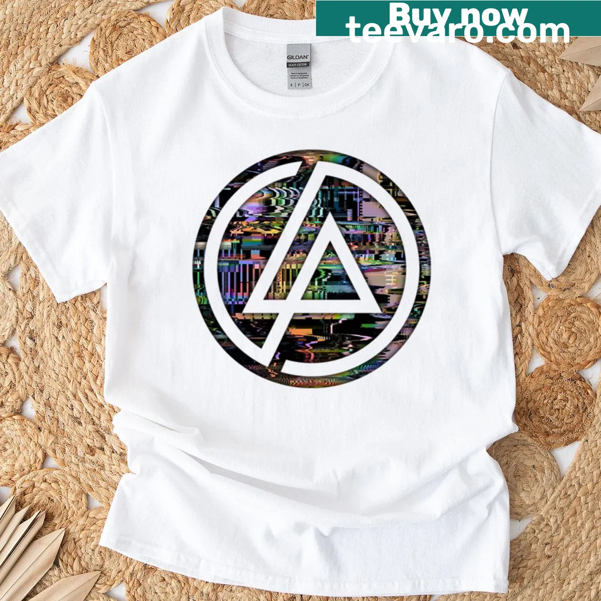 Old-school Linkin Park logo t-shirt with glitch design — on a men's t-shirt