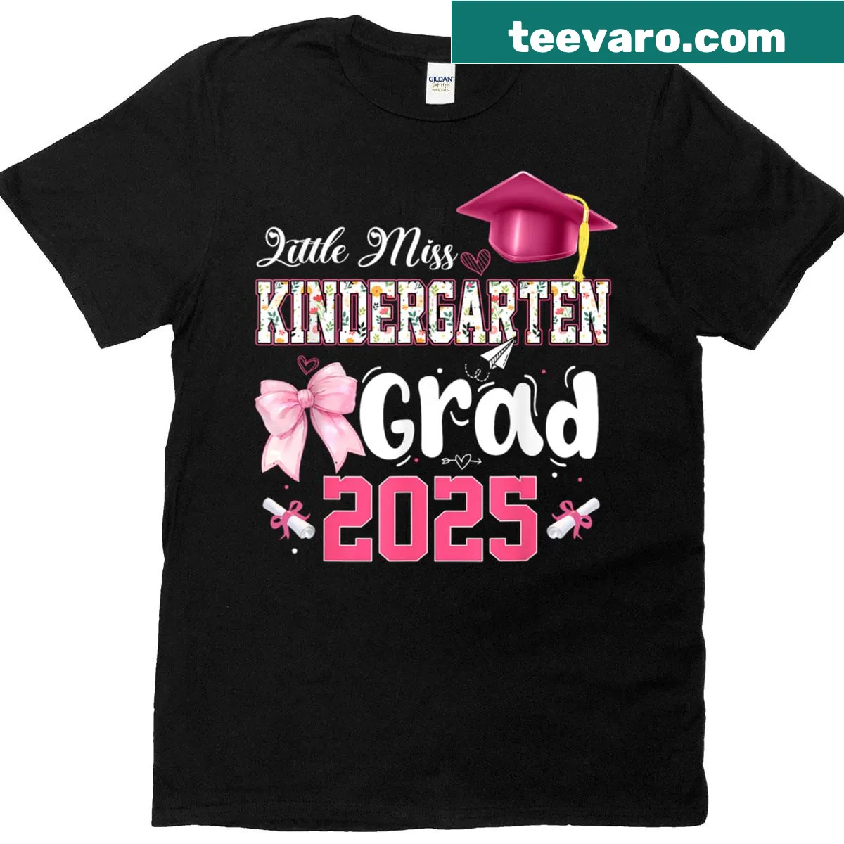 Little Miss Kindergarten graduation t-shirt with coquette bow — on a men's t-shirt
