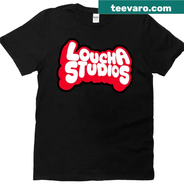 Loucha Studios t-shirt with a vintage red and black logo design.