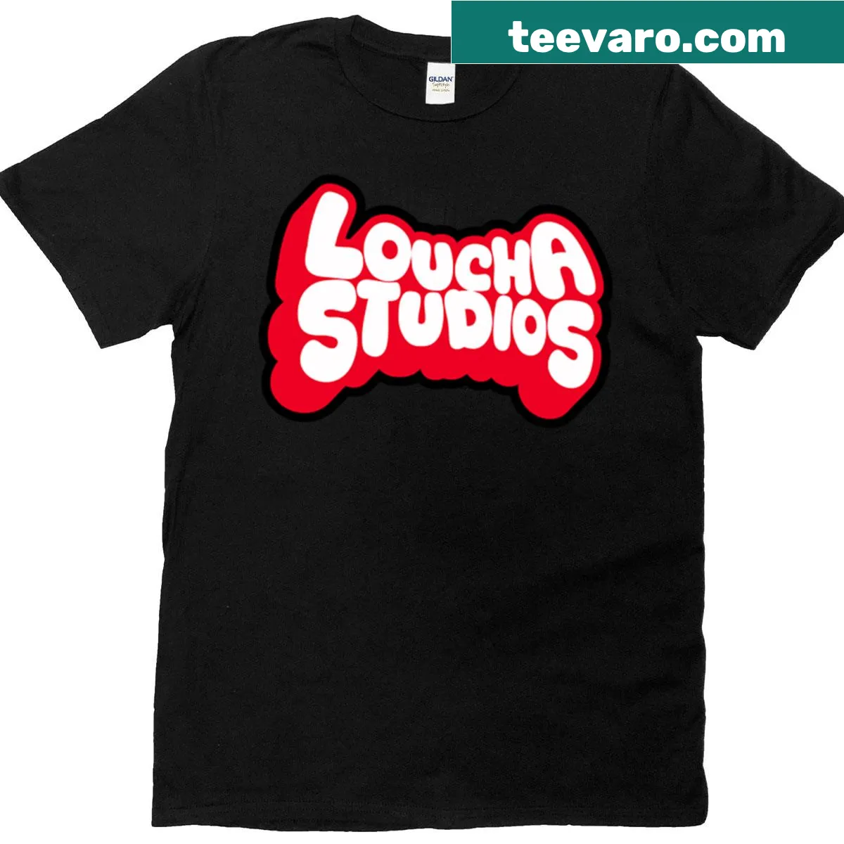 Loucha Studios t-shirt with a vintage red and black logo design. — on a men's t-shirt