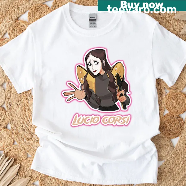 T-shirt featuring the name 'Lucio Corsi' in playful typography