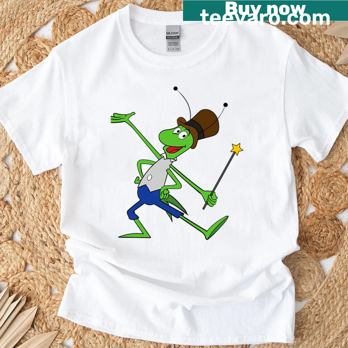 Vintage cartoon T-shirt featuring Maya the Bee and Grasshopper in a fun scene — on a men's t-shirt