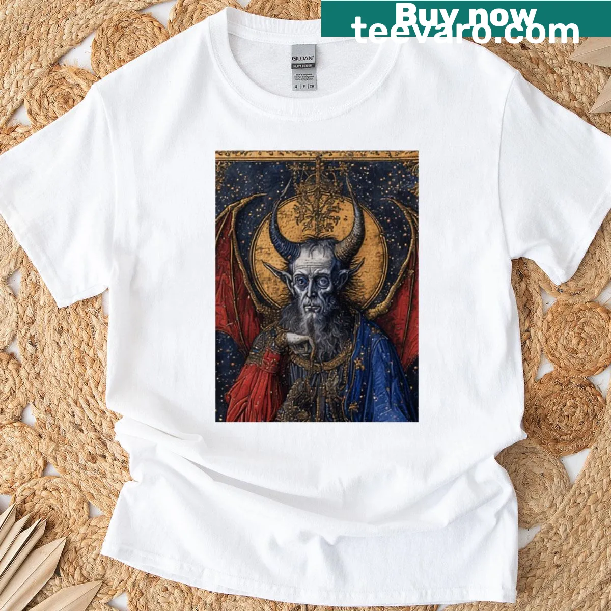 Medieval-style t-shirt featuring an intricate devil illustration — on a men's t-shirt