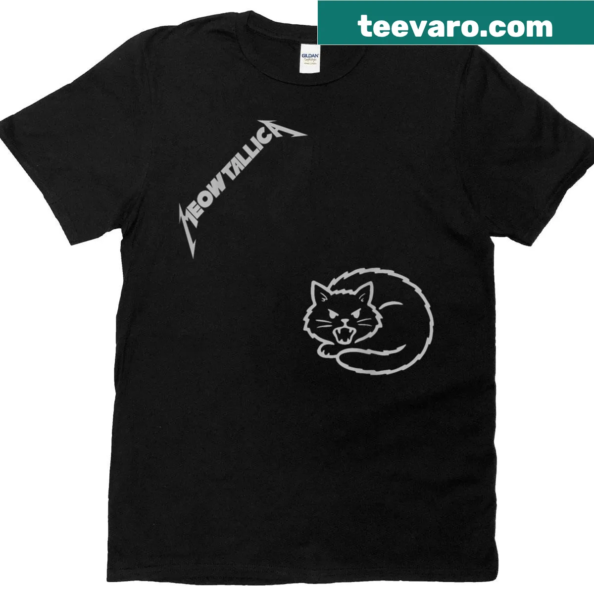 Cartoon angry cat logo parody on a metal band T-shirt — on a men's t-shirt