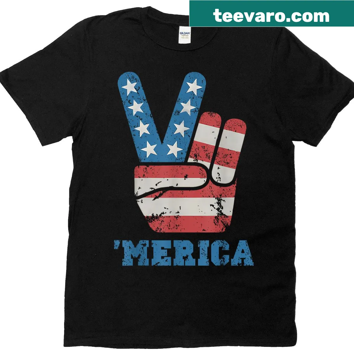 USA flag peace sign graphic on patriotic t-shirt for Fourth of July — on a men's t-shirt