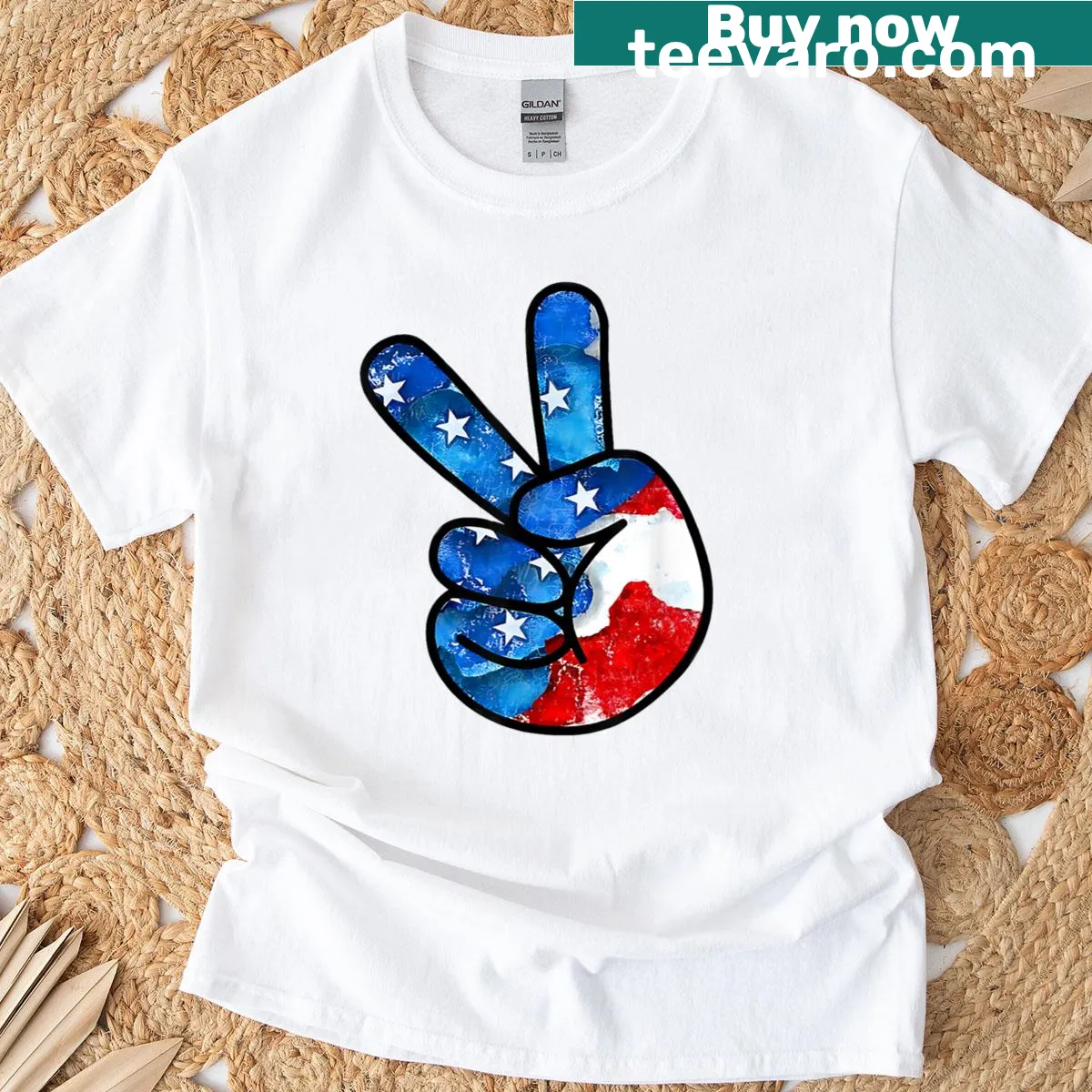 Kids patriotic T-shirt with peace sign hand and American flag — on a men's t-shirt