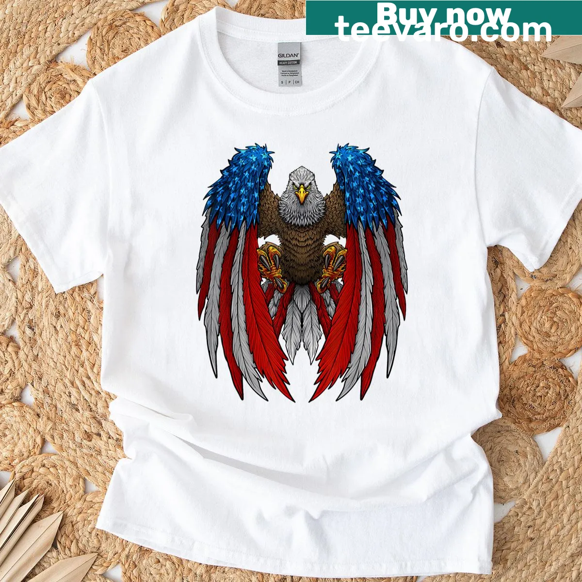 Patriotic T-shirt with bald eagle and American flag — on a men's t-shirt