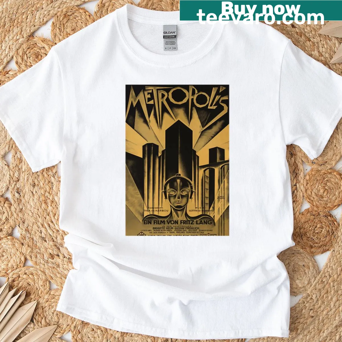 Vintage movie poster T-shirt featuring Metropolis film graphics — on a men's t-shirt