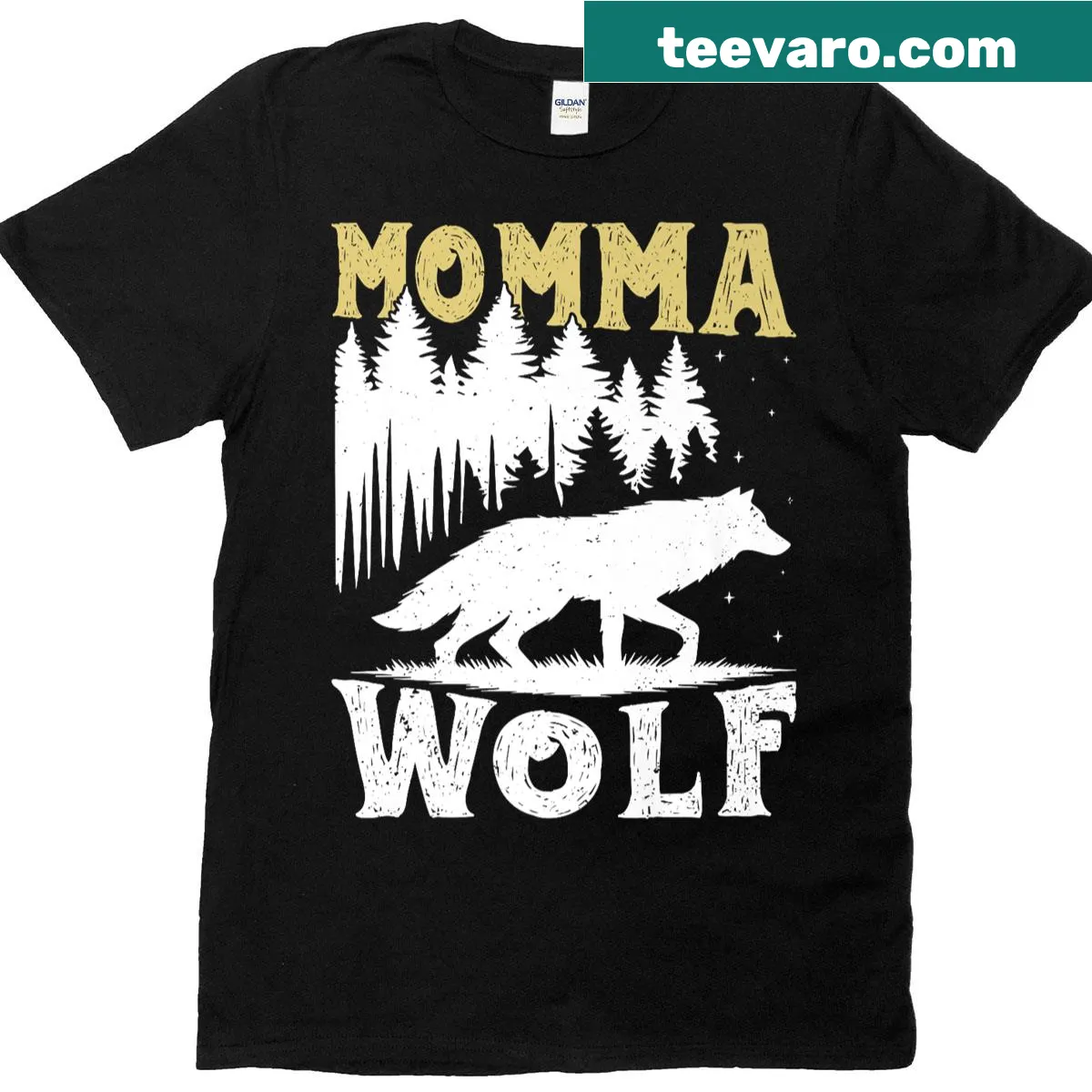 Funny Momma Wolf T-shirt with she-wolf graphic leading her pack — on a men's t-shirt