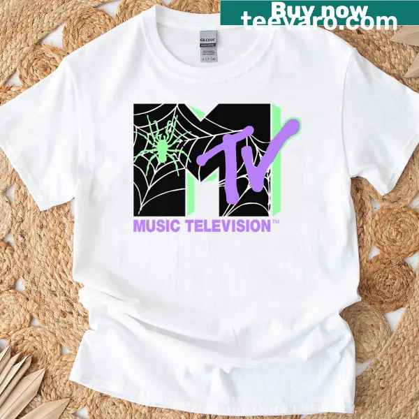 MTV spider web logo t-shirt designed for Halloween in neon pastels
