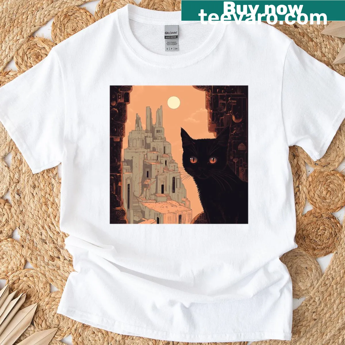 T-shirt featuring a black cat in an ancient city setting — on a men's t-shirt