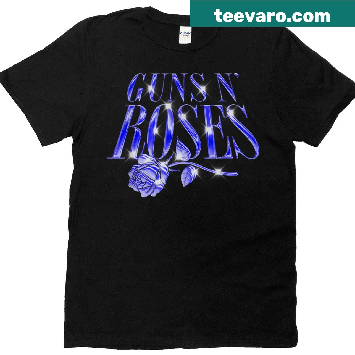 Vintage-style Guns N Roses chrome logo graphic t-shirt — on a men's t-shirt