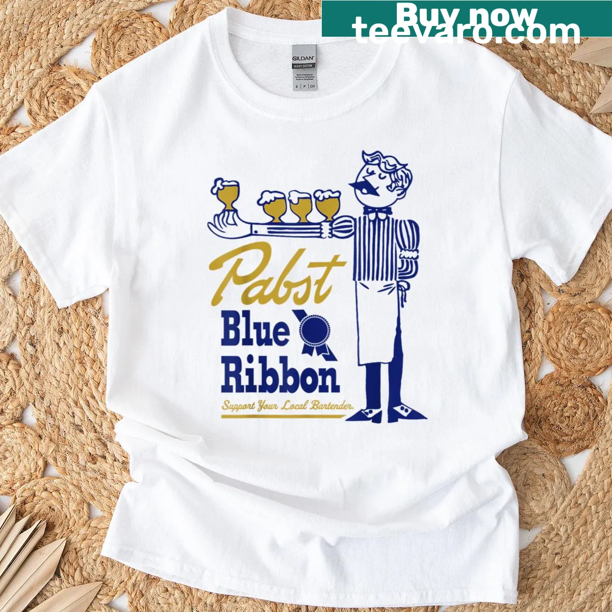 Vintage bartender graphic for Pabst Blue Ribbon on T-shirt. — on a men's t-shirt