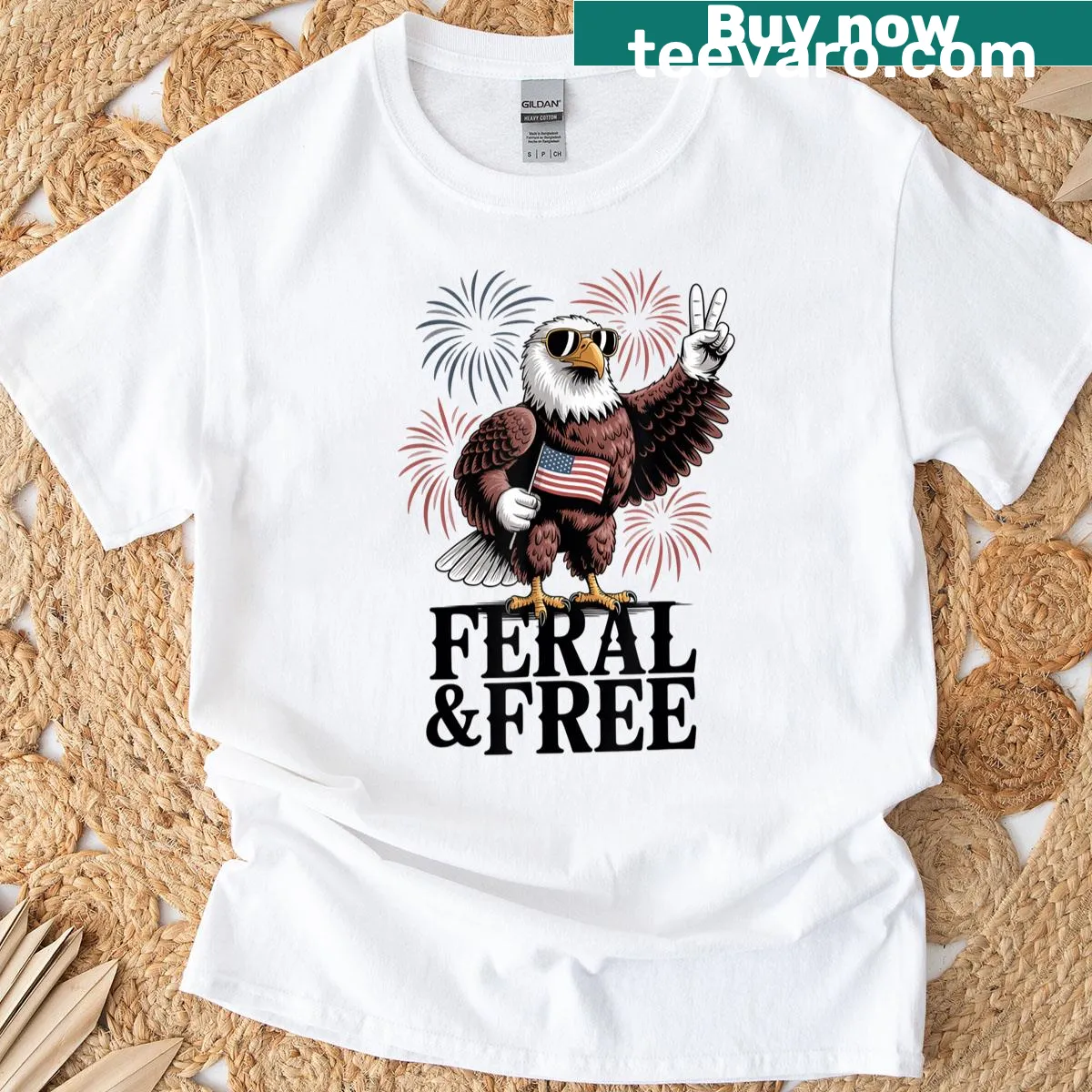 Eagle peace sign graphic on a patriotic T-shirt for the Fourth of July. — on a men's t-shirt