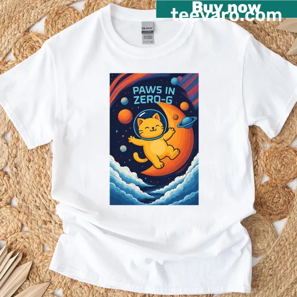 Dogs floating in zero-gravity graphic on oversized T-shirt