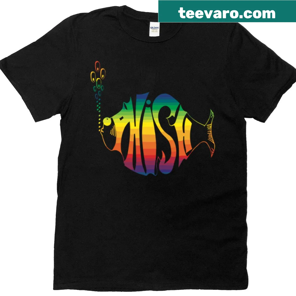 Colorful rainbow graphic T-shirt inspired by the band Phish — on a men's t-shirt