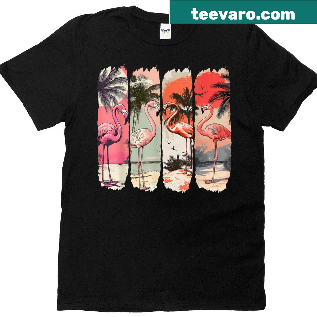 Vintage distressed T-shirt with a flamingo and palm trees design — on a men's t-shirt