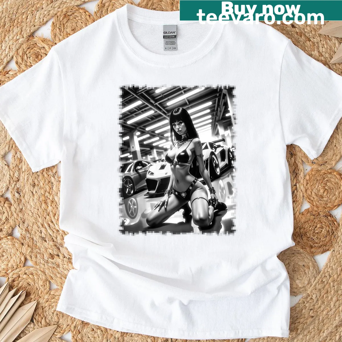 Vintage pinup girl with exotic car illustration — on a men's t-shirt