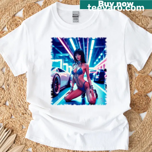 Stylized illustration of a hot Asian pinup girl on a T-shirt.