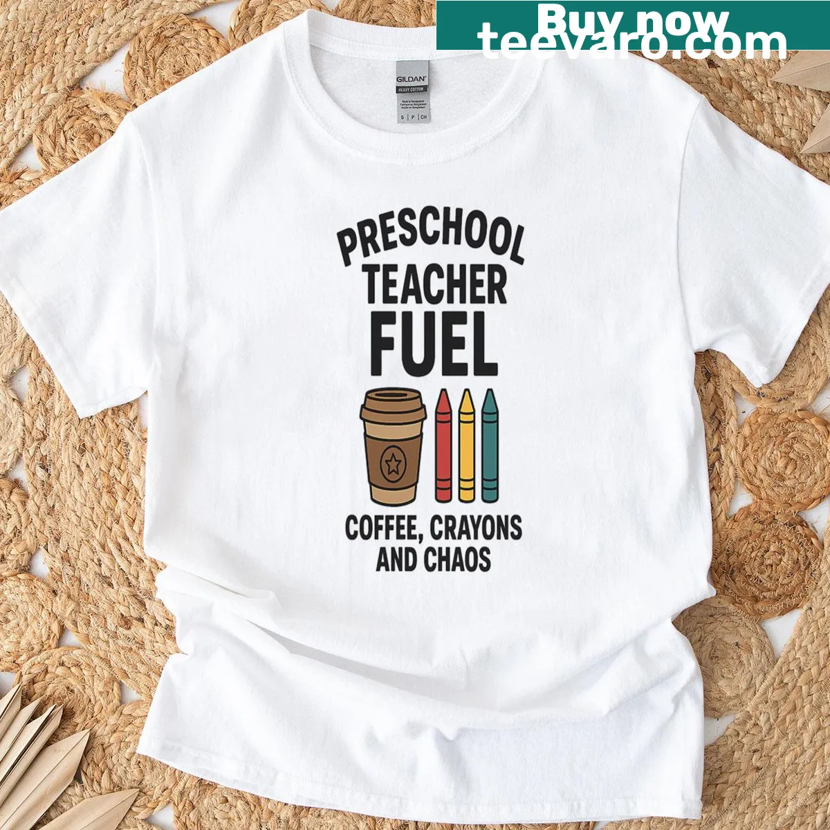Whimsical coffee, crayons, and chaos graphic for teachers — on a men's t-shirt