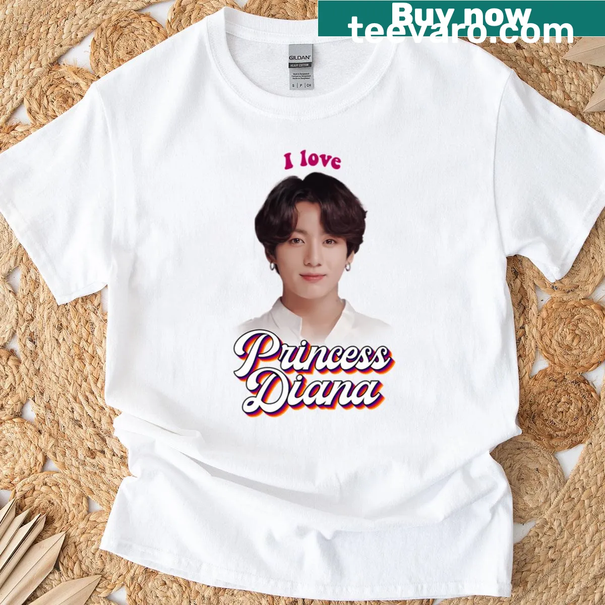Retro style t-shirt featuring a mashup of Princess Diana and Jungkook — on a men's t-shirt