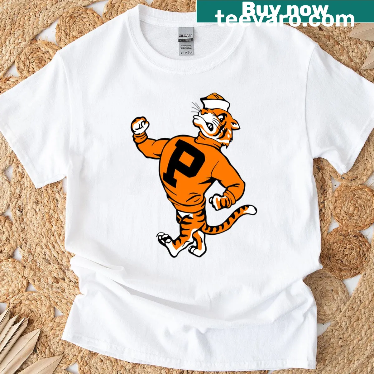 Illustration of Princeton University's tiger mascot on a sports-themed t-shirt — on a men's t-shirt