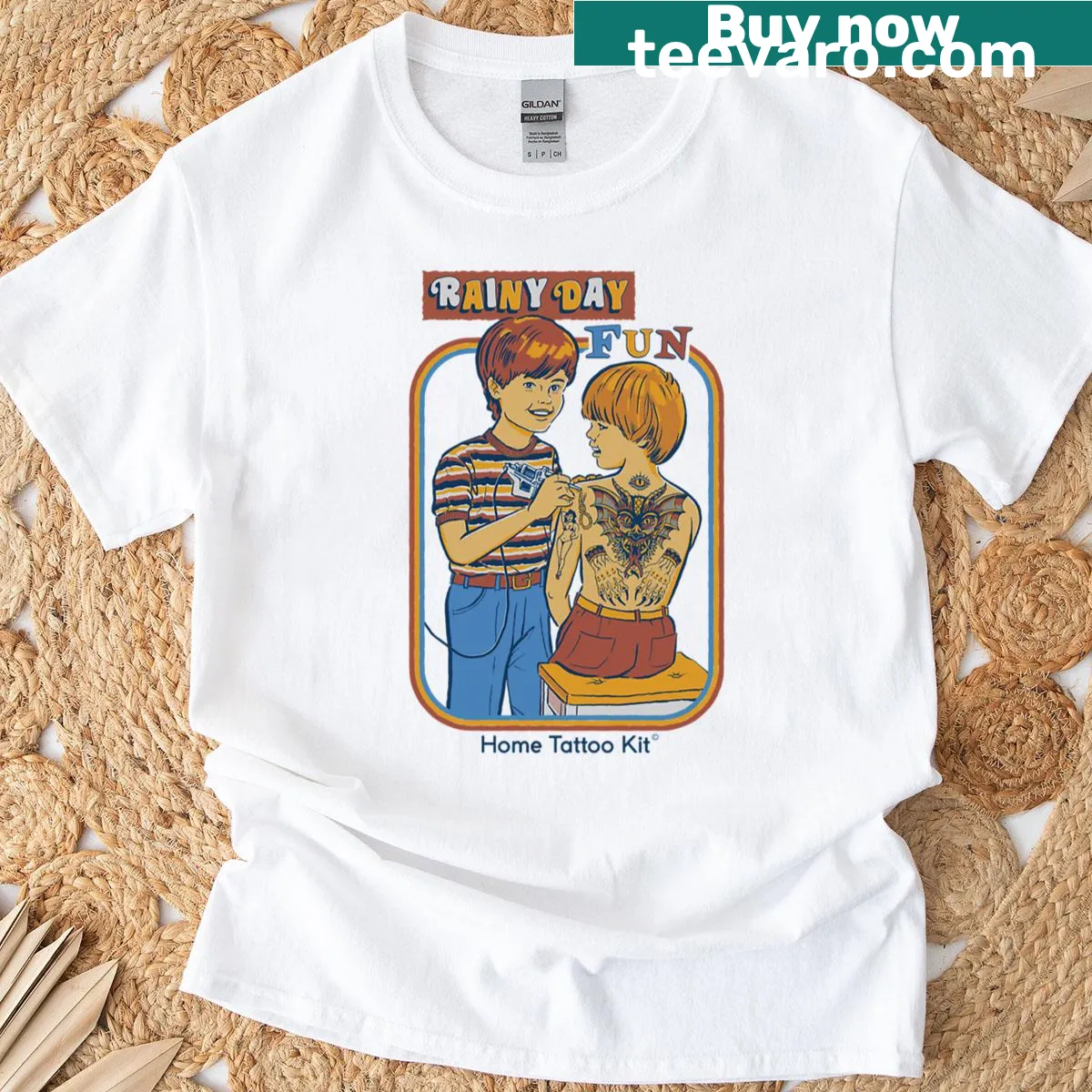 Charming t-shirt featuring a whimsical rainy day illustration — on a men's t-shirt