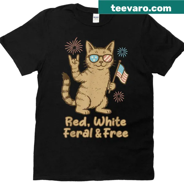 Funny cat graphic T-shirt with 'Feral And Free' text for kids