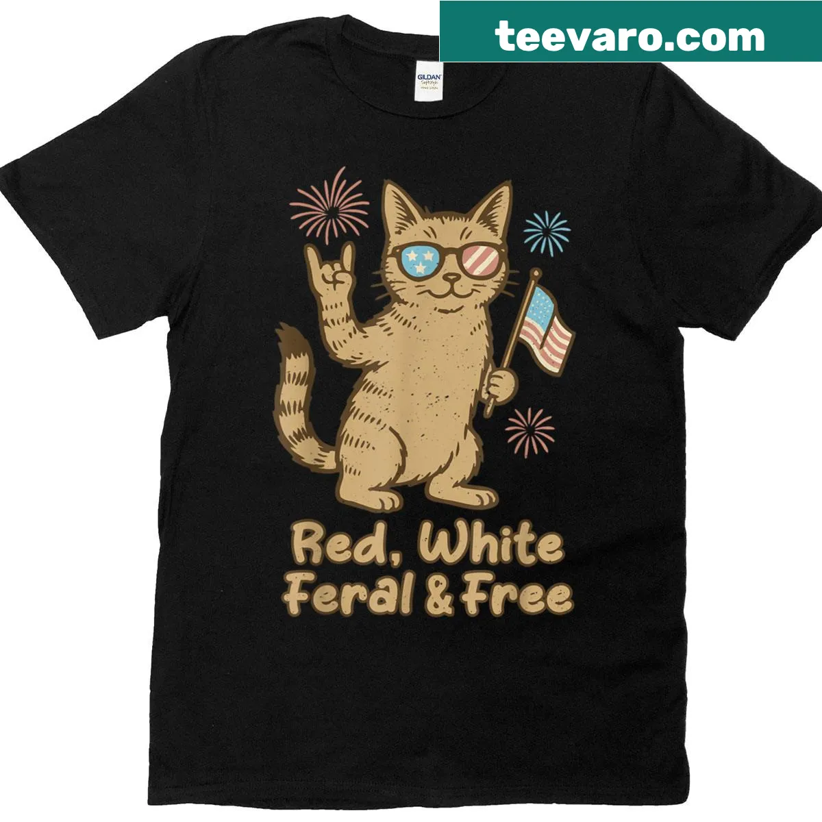 Funny cat graphic T-shirt with 'Feral And Free' text for kids — on a men's t-shirt