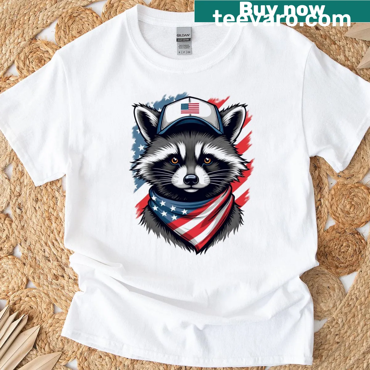 Hilarious T-shirt featuring a redneck raccoon for July 4th celebrations. — on a men's t-shirt