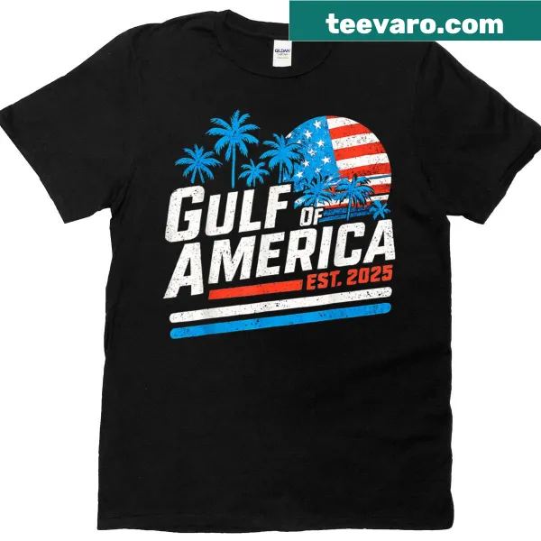 Patriotic t-shirt with beach and palm motifs alongside the USA flag