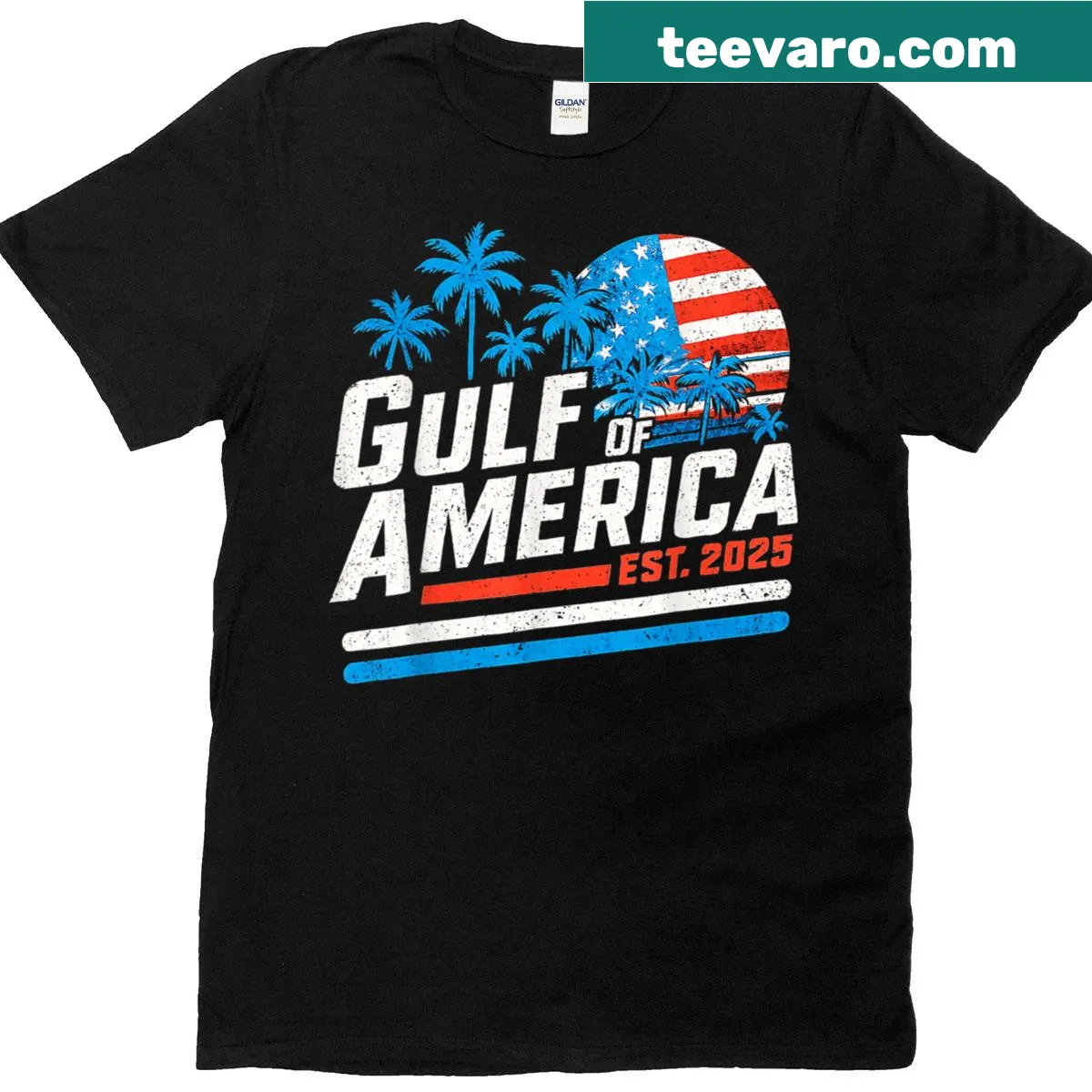 Patriotic t-shirt with beach and palm motifs alongside the USA flag — on a men's t-shirt