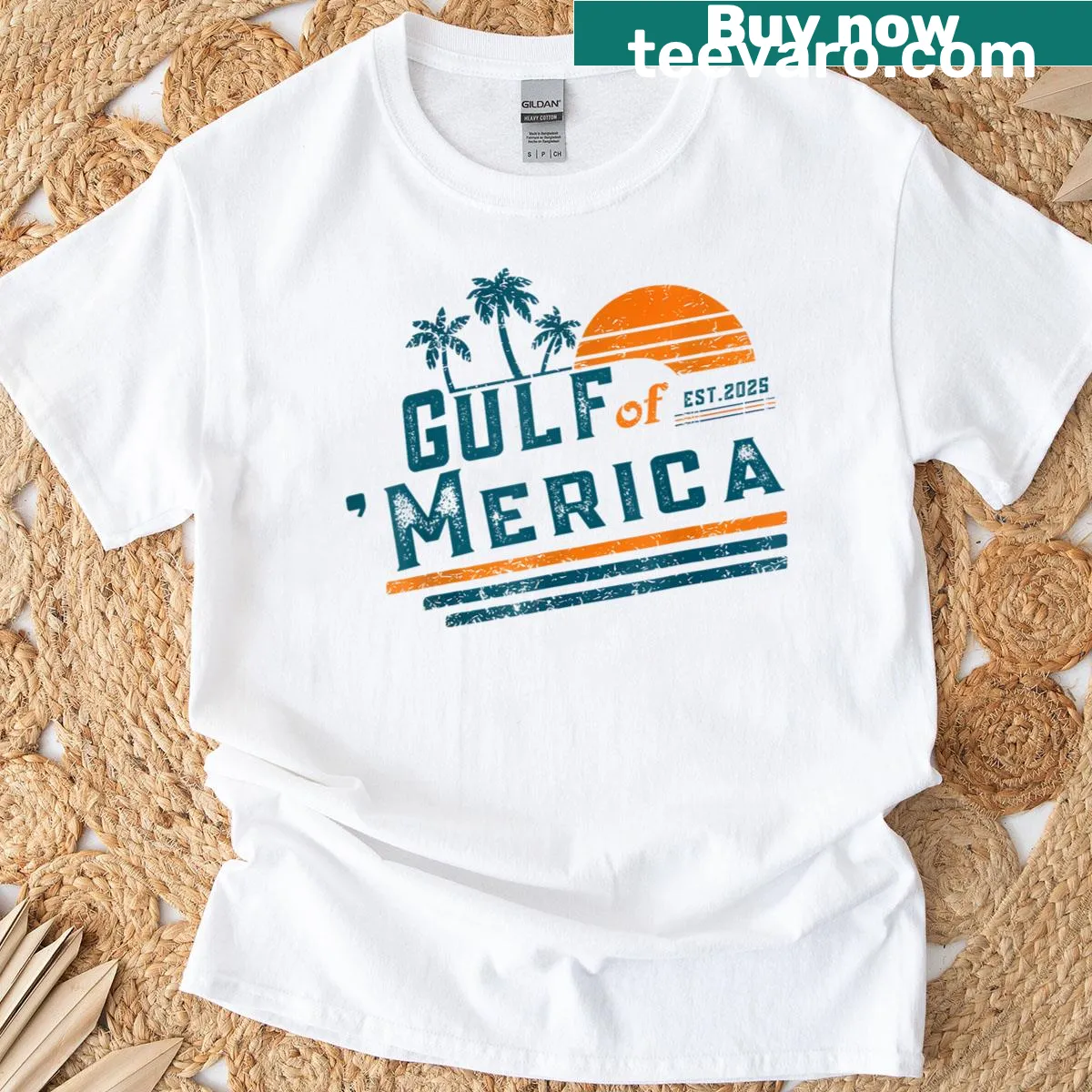 Vintage Gulf Of Merica t-shirt with US flag design — on a men's t-shirt