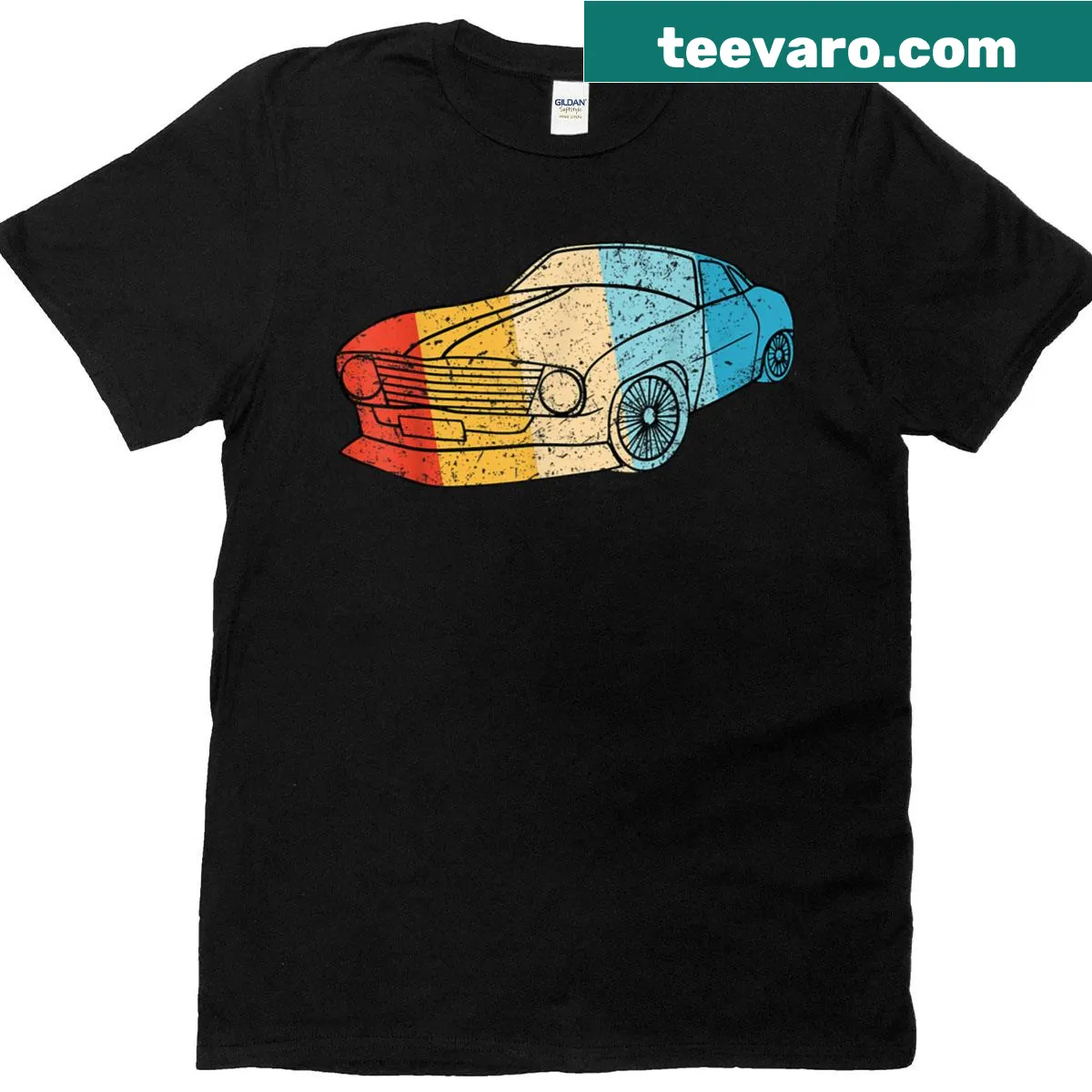 Vintage car T-shirt featuring a retro car silhouette and sunset design — on a men's t-shirt
