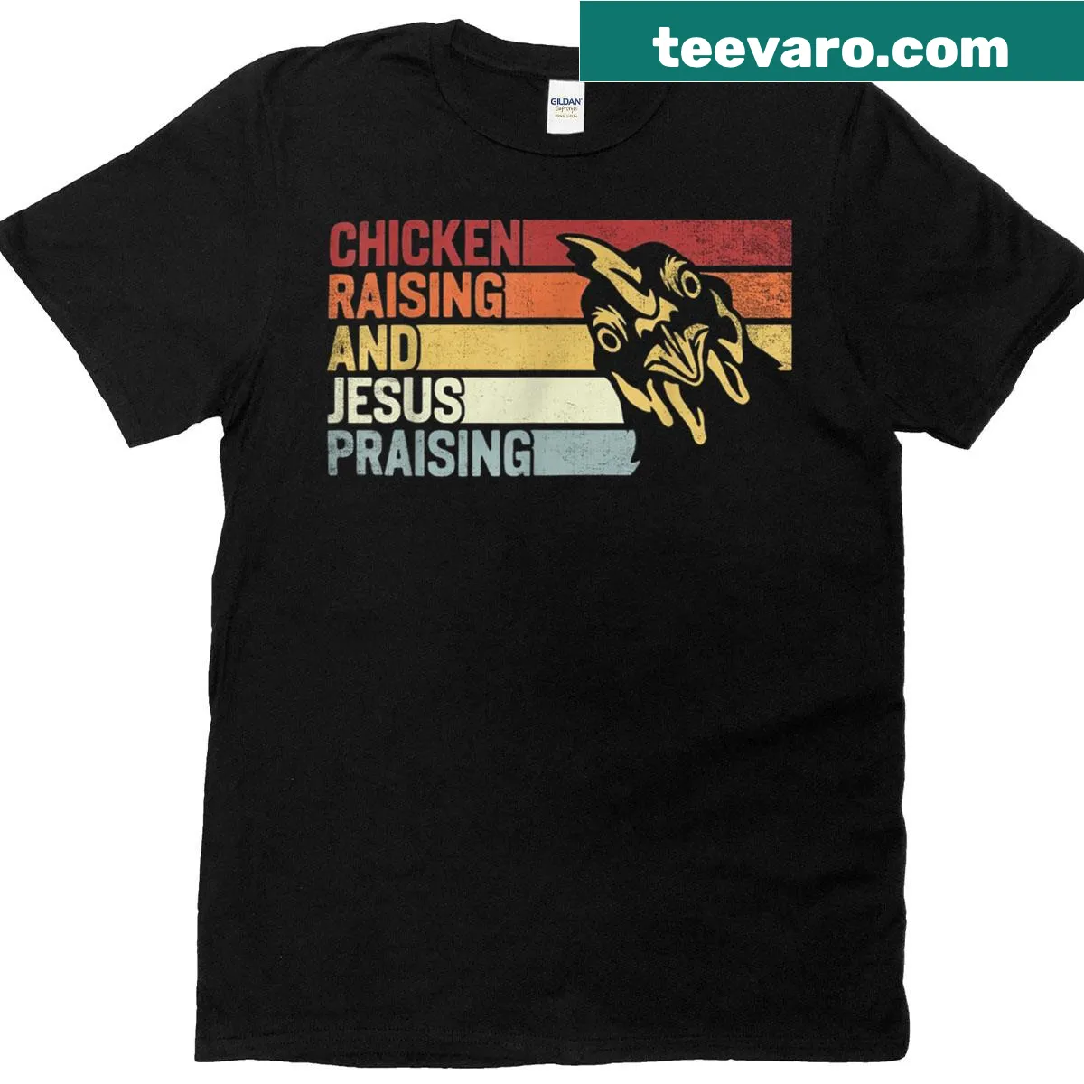 Vintage-style T-shirt featuring a chicken raising and praising Jesus — on a men's t-shirt
