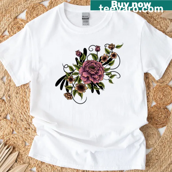 Illustrative rose vine design on a T-shirt