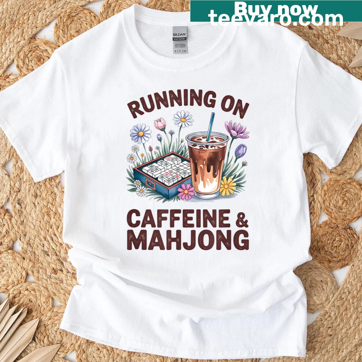 Playful Mahjong and coffee-themed graphic t-shirt for gamers — on a men's t-shirt