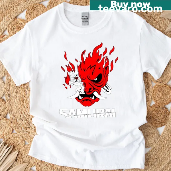 Stylized samurai logo graphic t-shirt with bold design